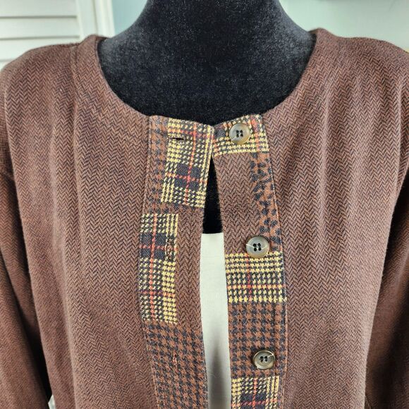 Vtg Bechamel Cardigan 100% Cotton Sweater Brown Plaid Animal Print Trim Button M - Picture 2 of 8